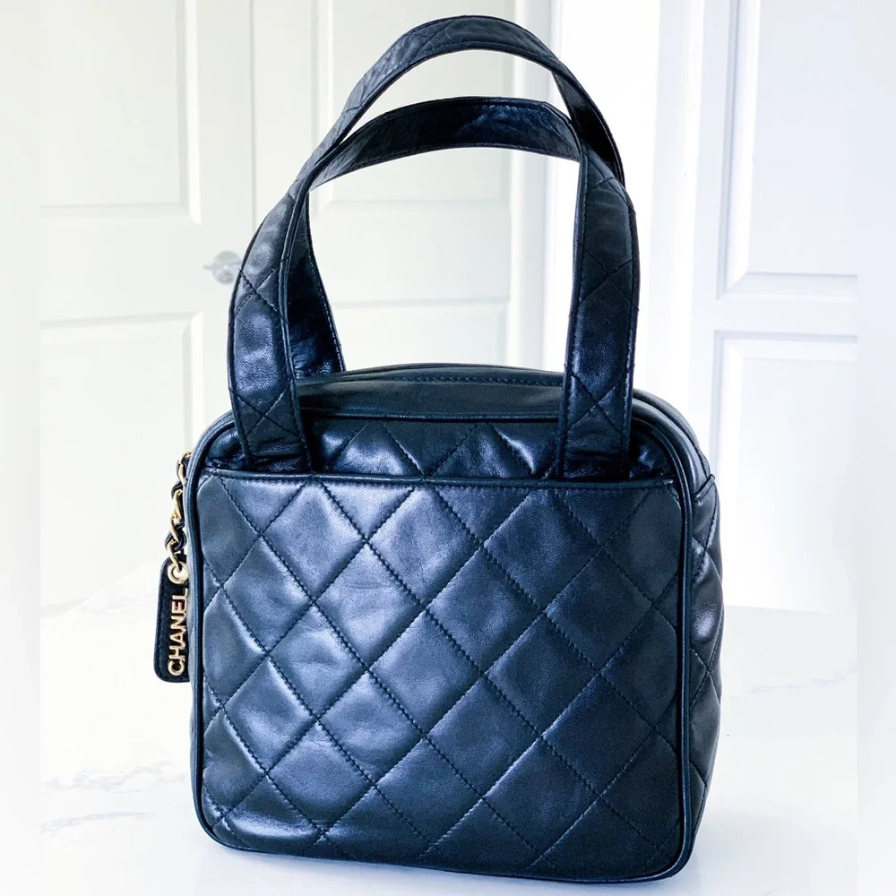 CHANEL Black Leather Gold Chain Small Top Handle Satchel Bag
